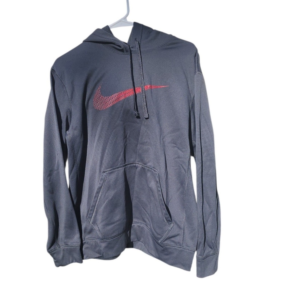 Nike Therma-FIT Pullover Hoodie Mens Medium Grey Red Swoosh Graphic Sweatshirt